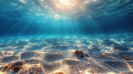 Seabed sand with blue tropical ocean above, empty underwater background with the summer sun shining brightly, creating ripples in the calm sea water