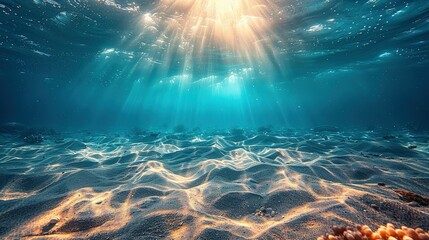 Wall Mural - Seabed sand with blue tropical ocean above, empty underwater background with the summer sun shining brightly, creating ripples in the calm sea water