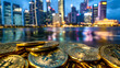 Bitcoin cryptocurrency coins with city and river background