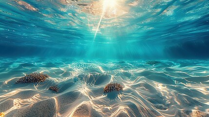 Wall Mural - Seabed sand with blue tropical ocean above, empty underwater background with the summer sun shining brightly, creating ripples in the calm sea water