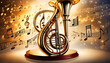 tanzende goldene Musik Noten auf dynamisch bewegten Zeilen im Raum schwingend mit einem Musikinstrument Tuba Trompete Rhythmus Melodie und Stimmung Hintergründe Vorlagen Kultur Konzert Radio 