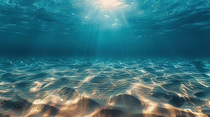 Seabed sand with blue tropical ocean above, empty underwater background with the summer sun shining brightly, creating ripples in the calm sea water