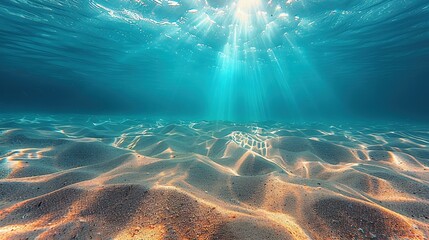 Wall Mural - Seabed sand with blue tropical ocean above, empty underwater background with the summer sun shining brightly, creating ripples in the calm sea water