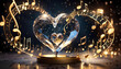 schwebendes Herz aus Kristall Glas klar und fröhlich glücklich in goldener Stunde umgeben von Musik Noten Schwingung Liebe Leidenschaft und Symphony der Klänge Show Konzert Valentinstag herzlich