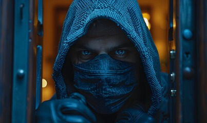 Person in a balaclava engaging in a burglary at night. Close-up with bokeh lights in the background. Crime and illegal activity concept. Design for awareness campaign, security poster