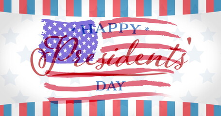 Poster - Composition of happy presidents' day text with striped border over american flag