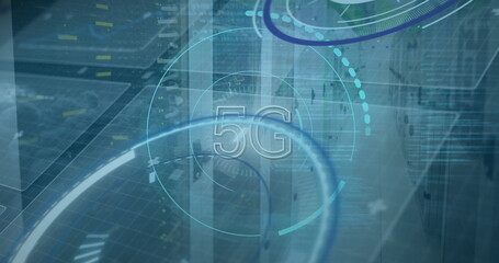 Poster - Image of 5g and processing circles over servers