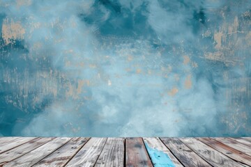 Wooden deck table on blue grunge background - generative ai