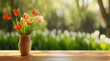 Canvas Print - wooden table with a vase of tulips