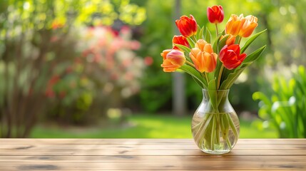 Poster - wooden table with a vase of tulips