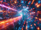 Fototapeta Perspektywa 3d - Techno Network: Neon Waves and Bokeh Lights,Futuristic Data Flux: Neon Wave Dynamics