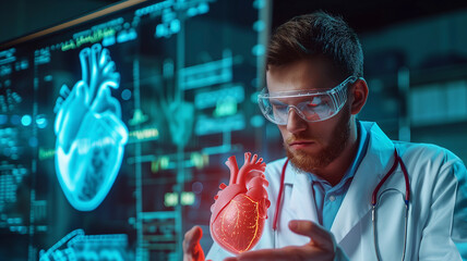 Wall Mural - Focused healthcare professional reviewing advanced heart hologram data on high-tech screen