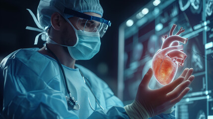 Wall Mural - In futuristic laboratory, dedicated cardio surgeon explores intricacies of heart hologram