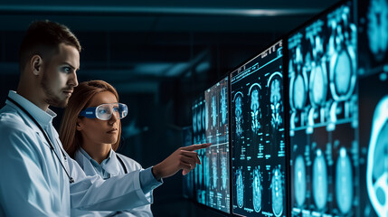 Poster - Healthcare teamwork in action: doctors analyzing intricate brain scans on advanced displays