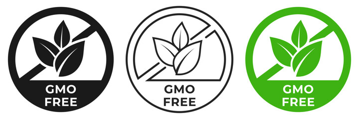 Wall Mural - GMO free icon. Non GMO forbidden label. Chemicals free ban or prohibition logo, illustration, badge, symbol, stamp, sticker, emblem or seal isolated.