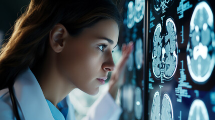 Poster - Neurologist's commitment to precise diagnosis, as she studies brain scans on a digital screen