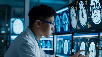 Poster - Dedicated asian man physician in modern lab, analyzing intricate brain scans with precision
