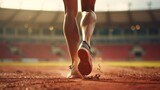 Fototapeta Sport - Stadium, rubber track. athletics competitions. Track and field runner in sport uniform at starting position. athlete, back view, close up.