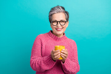 Poster - Portrait of satisfied senior woman with white gray hairdo wear pink pullover hold cup of tea isolated on turquoise color background