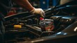 Professional mechanic adding oil to vehicle engine during regular maintenance service