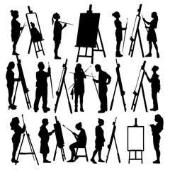 silhouette of people artists, people painting at an easel, set, collection on a white background vector