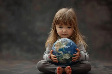 A little child girl sitting and holding planet of Earth.