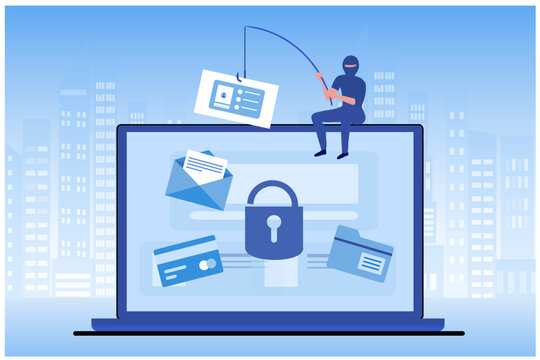 Phishing scam, hacker crime attack and personal data security concept. Hacker try to unlock the key on computer and phishing account, stealing password. cyber security vector illustration
