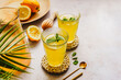 Sommer Getränk mit Zitrone in zwei Gläsern auf einem grauen Tisch. Erfrischung.