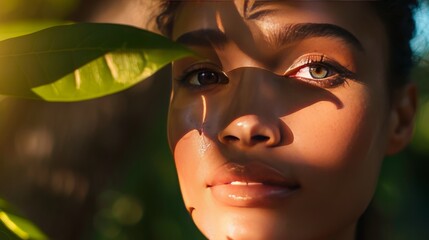 Wall Mural - A lifestyle shot of a model enjoying a skincare routine outdoors, with soft natural light accentuating their glowing complexion, 