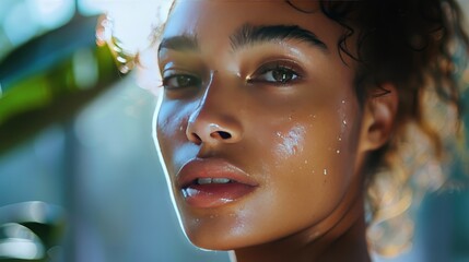 Wall Mural - A serene portrait of a model with dewy, luminous skin, highlighting the natural beauty enhanced by a skincare routine, 