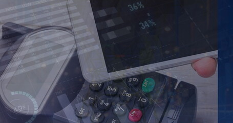 Poster - Image of graphs over hands of caucasian man using smartphone