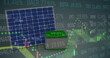 Image of financial data and graphs over solar panels