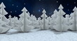Snowflakes falling over multiple trees on winter landscape against blue shining stars in night sky