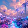 Abstract field with colorful flowers, palm trees and mountains, in a futuristic aesthetic, light purple and sky blue, neon aesthetic.	
