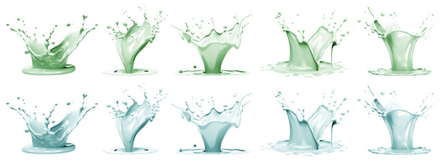 2 Set of pastel green turquoise blue cream liquid paint ink splash swirl wave on transparent background cutout, PNG file. Many assorted different design. Mockup template for artwork graphic design