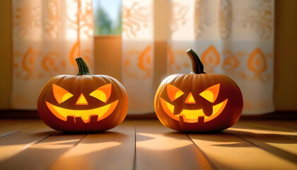 Two bright orange pumpkins on a wooden floor with sunlight shining through a lace curtain 