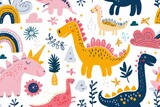 Fototapeta Dinusie - Colorful cartoon dinosaurs in a whimsical landscape. This vibrant image showcases playful cartoon dinosaurs in a variety of colors, surrounded by whimsical flora and other cute elements