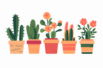 Wall Mural - Cactus and succulent plants in pots. Illustration set of hand drawn cacti and succulents growing in cute little pots. Simple cartoon vector style.