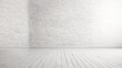 © May - empty gallery interior room with old white brick wall texture and brown grunge wooden plank floor pattern, blank space background or backdrop for design element and display product in vintage style