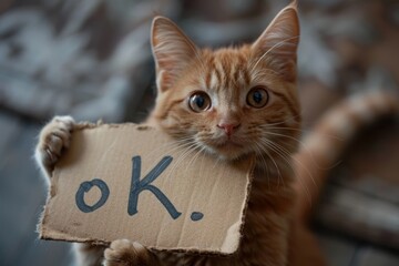 cat holds sign with inscription ok ,agreement concept