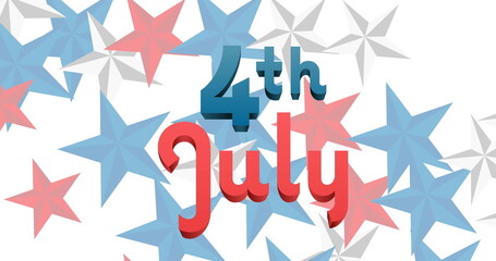 Sticker - Image of 4th of july text over red, white and blue stars on white background