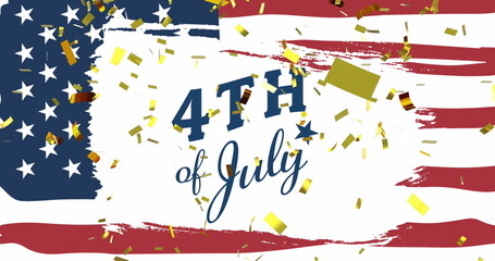 Poster - Image of 4th of july text and confetti over flag of united states of america