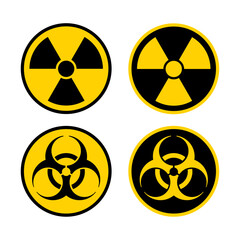 Wall Mural - set of vector stickers with radioactive warning signs. yellow round stickers warning about the dange