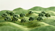 A paper model of green hills with trees, with detailed texture and layered in a simple, minimalistic style on a white background, shown in a closeup, macro photography shot at high resolution in a rea