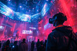 © yaqui_villegas - An immersive virtual reality concert experience with attendees wearing VR headsets surrounded by dynamic, colorful lights