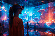 © yaqui_villegas - A woman wearing a virtual reality headset is fully absorbed in a stunning VR environment with vibrant, futuristic visuals