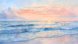 Fototapeta Zachód słońca - Abstract watercolor beach and sea under sunset background.