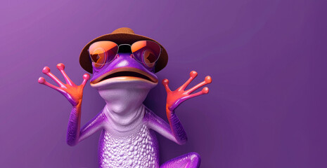Wall Mural - A purple frog wearing sunglasses and a hat. The frog is looking at the camera. 3d animal amphibian illustration - Funny abstract purple frog with hands up, isolated on a purple background banner