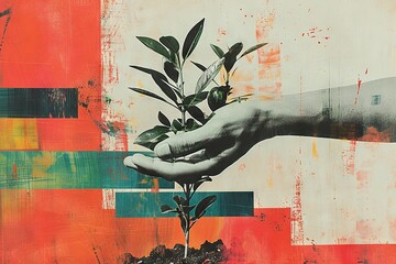 Wall Mural - Tender Care of a Small Plant: A Contemporary Art Collage

