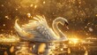 A graceful swan with feathers of diamond dust gliding serenely on a lake of liquid gold